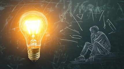 Poster - A person is standing in front of a blackboard with a light bulb drawn on it