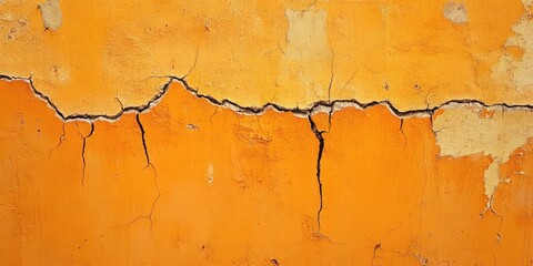 Poster - Cracked orange concrete wall texture with dark fissures and light patches creating an abstract backdrop ideal for design applications