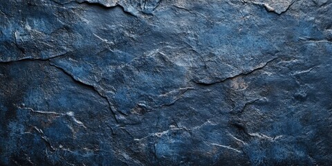 Poster - Dark blue textured background showcasing a rough grainy stone surface with deep crevices and subtle light reflections across the uneven texture