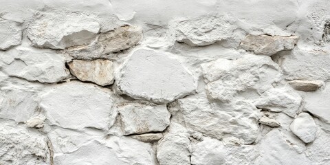 Poster - Whitewashed stone wall texture with irregular stones in shades of off-white and light gray, featuring a rough, weathered appearance against a smooth background.