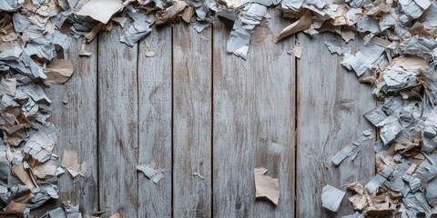 Poster - Tattered shredded paper in beige and gray tones arranged around a rustic wooden surface creating a textured frame for creative designs.