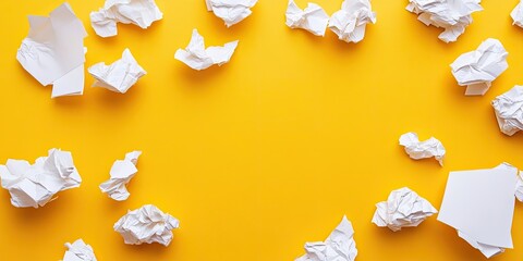Poster - Crumpled white paper sheets scattered on vibrant yellow background with ample empty space for text and business concept representation