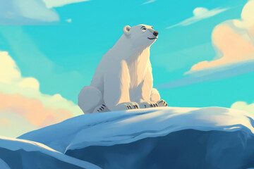 polar bear resting on an iceberg, savoring the tranquil arctic landscape beneath a blanket of clouds