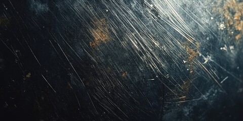 Poster - Scratched dark metal surface with golden accents showcasing texture details in a loft setting ideal for industrial design or background use.