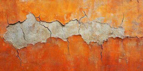 Poster - Orange concrete wall texture with prominent gray cracks diagonally across the center creating an abstract design suitable for backgrounds.