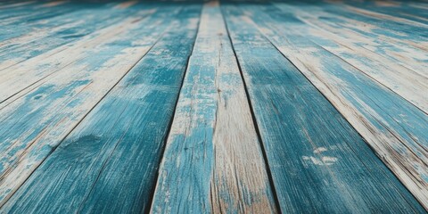 Poster - Textured wooden flooring with distressed turquoise and beige planks arranged diagonally, showcasing depth and vintage aesthetics.