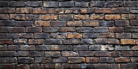 Poster - Weathered dark brown and black brick wall texture with uneven surfaces and patches, displaying aged rustic design in a horizontal arrangement.