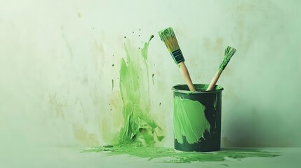 Two paintbrushes in a green paint can with splatters on a wall.