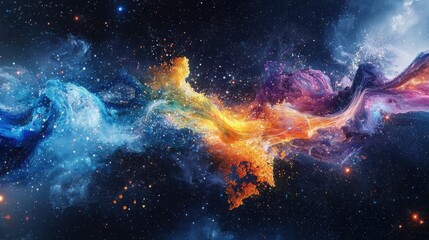 Poster - Dynamic digital data streams flowing through abstract space colorful particles and energetic motion digital art cosmic environment wide view visual concepts