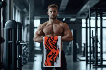 Muscular athlete gripping a stylish white towel featuring an orange and black pattern while working out in a modern gym environment