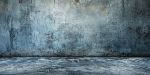 Poster - Rugged textured background showcasing a weathered blue concrete wall with scratches and a matching floor creating a moody industrial atmosphere