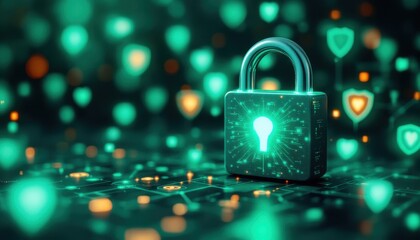 Poster - Secure digital data: glowing padlock and bright green connections in abstract environment