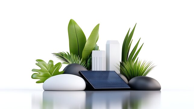 Sustainable Energy Concept: Solar Panel with Lush Greenery and Stones