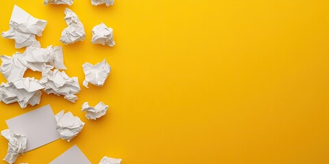 Poster - Crumpled white paper sheets scattered on a vibrant yellow background with ample blank space for text or information on the left side