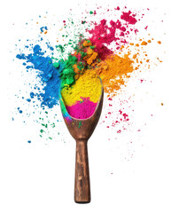 Canvas Print - Vibrant Holi colors in a wooden scoop with explosion