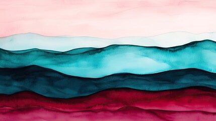 Wall Mural - Glazed watercolor idea. Abstract watercolor landscape with flowing waves in soothing hues of pink, blue, and red.