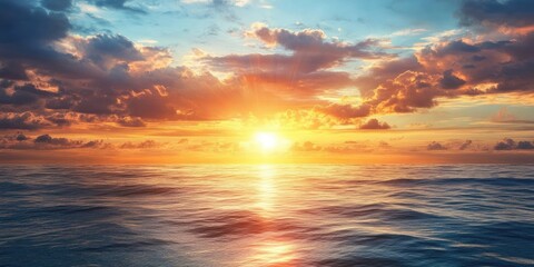 Wall Mural - vibrant sunset over tranquil ocean with deep orange and golden hues reflecting on calm water beneath