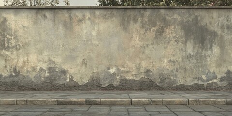 Poster - Textured wall surface with muted beige and grey tones at center, uneven edges, and cobblestone pavement below in a street setting.