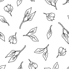 Wall Mural - Seamless botanical pattern featuring hand drawn leaves and flowers in a minimalist design vector illustration