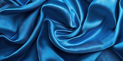 Poster - Vibrant azure blue silk fabric with a smooth texture elegantly draped in soft, flowing folds creating a luxurious visual depth and appeal