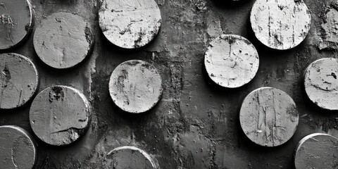 Poster - Abstract black and white circles on a textured gray wall with rough surface details creating a striking visual contrast and depth in composition.