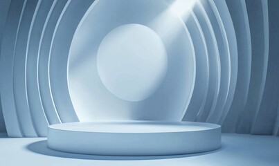 Poster - Minimalist blue stage with circular podium and soft lighting, perfect for presentations or product showcases