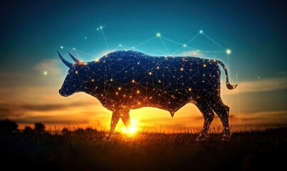 Poster - Digital bull silhouette against sunset, geometric lines and glowing nodes, representing technology and nature fusion