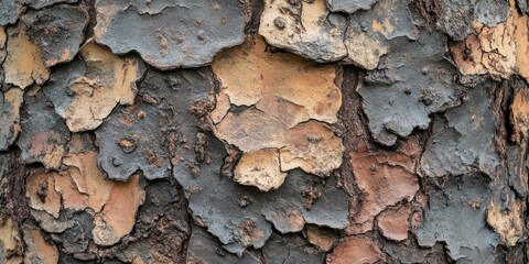 Poster - Textured bark of an aged tree displaying layers of peeling paint in earthy tones of brown, gray, and beige with rough surfaces and patterns.