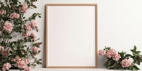 Wall Mural - Elegant poster frame mockup with front perspective, featuring white background, soft pink flowers, and greenery on left and right sides.