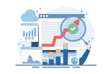 Sticker - Big Data and Cloud Computing Concept. Businesses use remote servers to analyze large data sets and identify errors. Actionable data concept. Flat vector illustration on background.