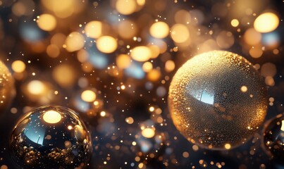 Poster - Glittering spheres with reflections and bokeh effect, showcasing intricate details and sparkling lights in a dreamy atmosphere
