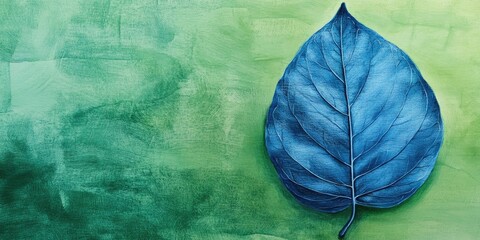 Wall Mural - Blue gouache-painted leaf positioned prominently on a soft green hand-drawn abstract background illustrating artistic texture and depth.