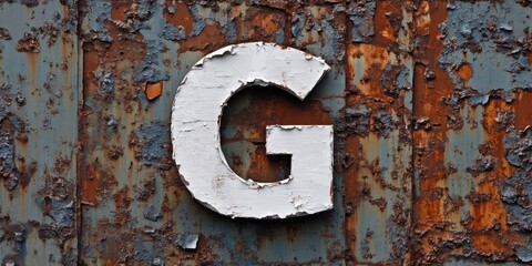 Sticker - White letter G on weathered rusted steel backdrop with blue-green peeling paint, showcasing rustic texture and industrial aesthetics.