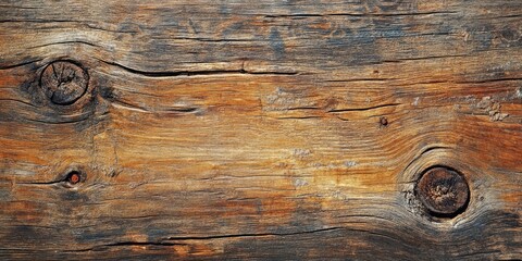 Poster - Aged wooden board texture showcasing rich brown hues with grunge details and visible knots positioned prominently, reflecting rustic charm and history.