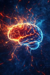 Poster - Neon Brain with Electric Sparks and Energy Waves, Abstract Digital Art Representing Intelligence and Neural Activity
