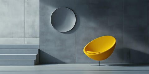 Poster - Modern minimalist interior featuring vibrant yellow chair against concrete wall with circular artwork