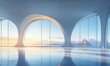 © k_viktar - Modern architectural interior with panoramic windows showcasing stunning mountain views and sunset reflections