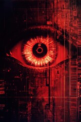 Poster - Futuristic red eye with digital circuitry and glowing patterns, symbolizing surveillance and technology