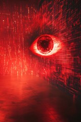 Poster - Red Eye Symbolizing Surveillance and Technology in Digital Environment with Matrix-Like Background