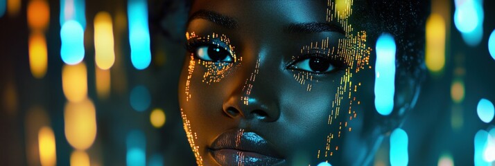Poster - Digital art portrait of a woman with glowing pixelated patterns on her face, vibrant colors, and a futuristic aesthetic