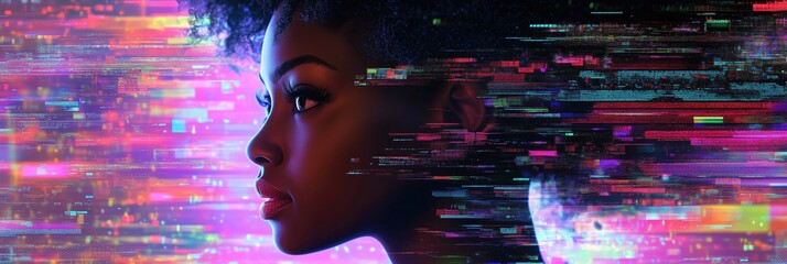Poster - Digital Art Portrait of Black Woman with Glitch Effect and Vibrant Colors, Showcasing Modern Aesthetic and Technology Influence
