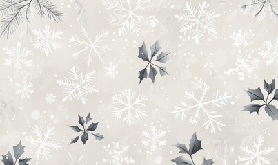 Poster - Winter-themed background featuring snowflakes, holly leaves, and delicate foliage in soft gray and white tones