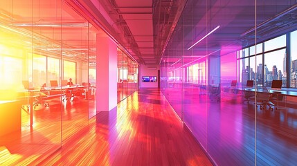 Poster - Colorful modern office hallway with sunrise view.