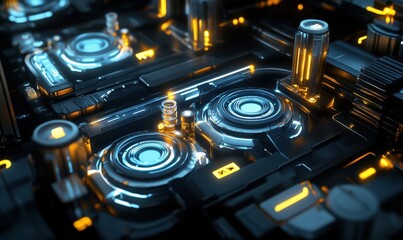 Poster - Futuristic circuit board design featuring glowing blue and orange elements, intricate patterns, and high-tech components