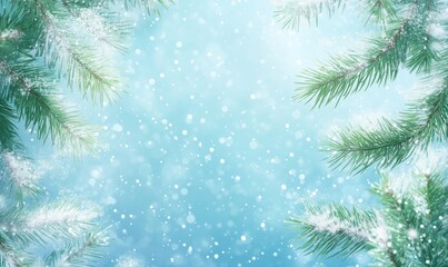 Poster - Snowy winter background with pine branches and falling snowflakes, creating a serene and festive atmosphere