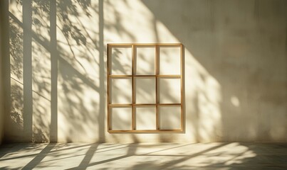 Poster - Sunlit Wall with Wooden Frame Casting Shadows in Minimalist Interior Design