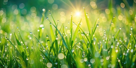 Aufkleber - Fresh green grass with morning dew in nature softly sparkles in the rays of the early spring sun.