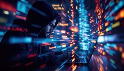 Poster - Male hacker in dark room surrounded by digital code