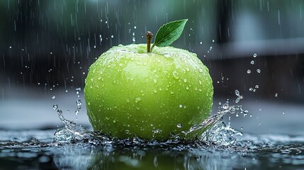 Green apple with water droplets splashing in the rain.