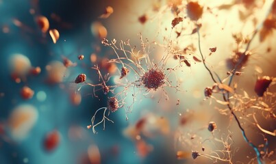 Poster - Microscopic view of intricate cellular structures showcasing organic growth and development, featuring delicate filaments and vibrant colors